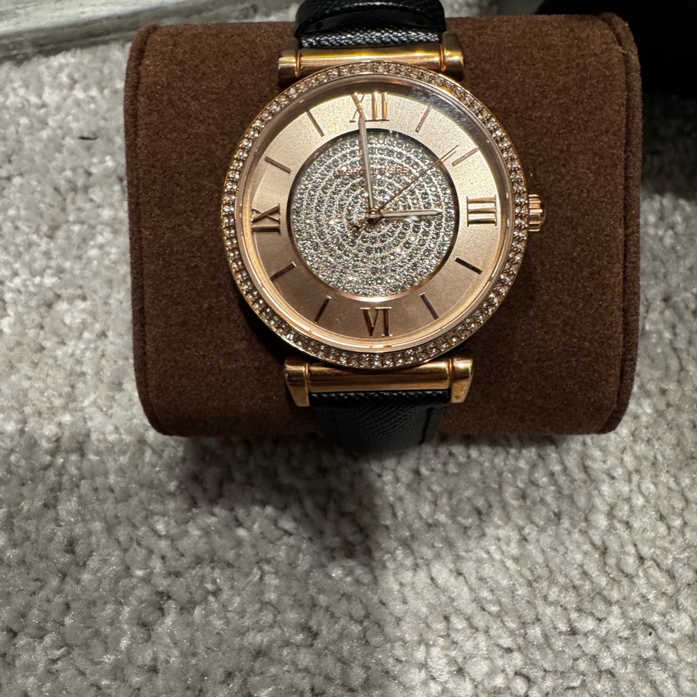 Michael Kors Rose Gold Crystal Dial Watch with Black Strap